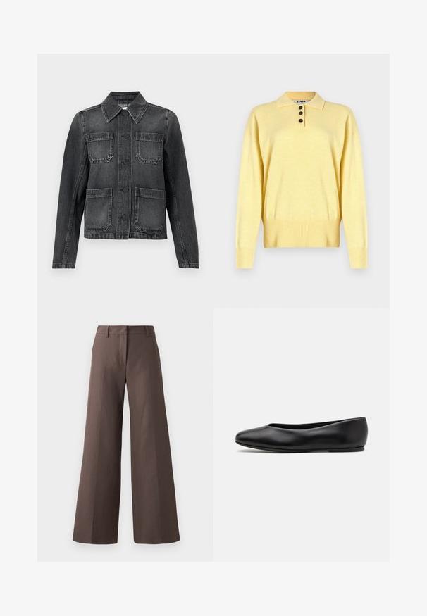 Chaqueta de mezclilla negra con cuello, cuatro bolsillos delanteros, cierre de botón y una textura ligeramente desgastada.; Suéter polo de punto amarillo con cuello, con tres botones oscuros, dobladillo acanalado y mangas largas, hecho de un tejido suave.; Pantalones de pierna ancha marrones hechos de una tela suave; cuentan con una parte delantera plana, trabillas para cinturón y costuras verticales a lo largo de las piernas.; Paul Smith TOPANGA - Bailarinas - black