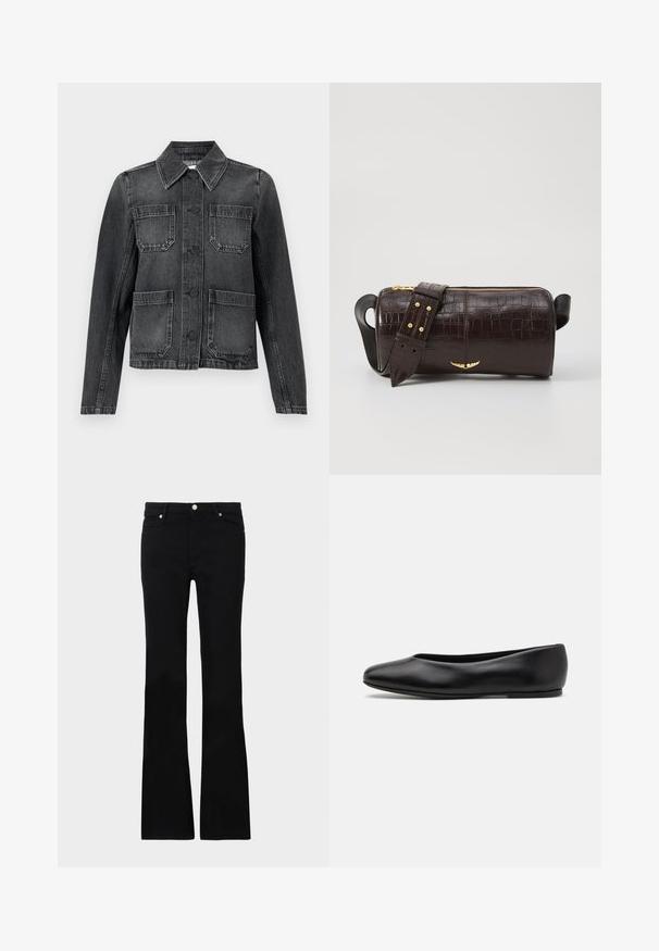 Jaqueta de denim preta com gola, quatro bolsos frontais, fecho por botão e uma textura ligeiramente desgastada.; Blusa preta feita de tecido macio, com um decote estilo cordão e padrão floral. As mangas longas e bufantes e o corte descontraído completam o design.; Calças pretas de ganga em corte flare, com dois bolsos frontais, fecho com botão e uma textura suave. Costura característica visível nas costuras.; Paul Smith TOPANGA - Sabrinas - black; Bolsa de couro com textura de crocodilo na cor marrom, com forma cilíndrica, metalizações em tom dourado e uma alça destacável com tachas.