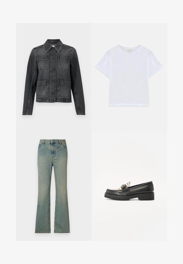 Czarna kurtka dżinsowa z kołnierzykiem, czterema przednimi kieszeniami, zapięciem na guziki i lekko postarzanym wyglądem.; Biała krótka koszulka z miękkiej bawełny, z okrągłym dekoltem i krótkimi rękawami, o lekko luźnym kroju. Bez wzorów ani akcentów.; Jasnoniebieskie dżinsy w stylu dzwonów z wysokim stanem, pięcioma kieszeniami i zamkiem błyskawicznym. Czyste, wyblakłe wykończenie z subtelnymi detalami przeszyć.; Czarne skórzane mokasyny z masywną gumową podeszwą, kwadratowym noskiem i ozdobnym paskiem. Projekt zawiera wzorzystą wkładkę z sercami.