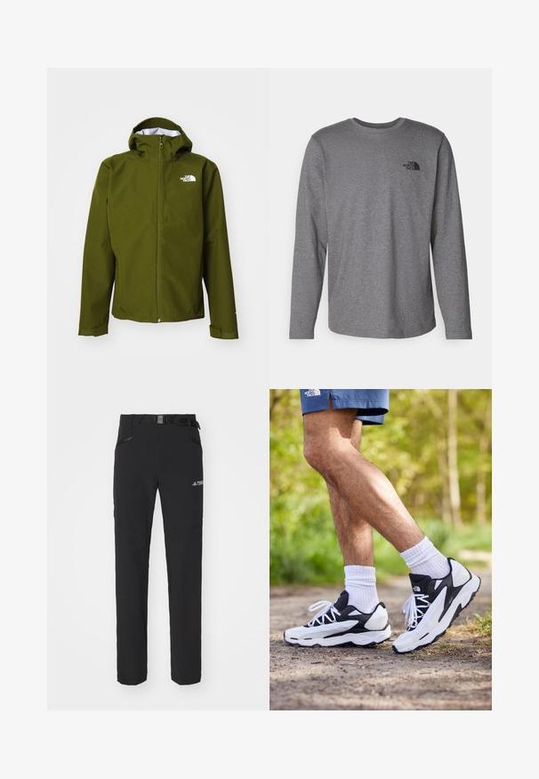 Grüne wasserdichte Jacke mit Reißverschluss vorne, verstellbare Kapuze und Logo auf der linken Brust. Mit Manschetten mit Klettverschlüssen.; The North Face M L/S SIMPLE DOME TEE - Langarmshirt - medium grey heather; Schwarze Outdoor-Hosen aus glattem Stoff, mit seitlichen Reißverschlusstaschen, verstärkten Kniepartien und einem verstellbaren Bund mit Schnalle.; Schwarz-weiße Sportschuhe mit einem Obermaterial aus Mesh, strukturierten Akzenten und weißen Schnürsenkeln. getragen mit weißen Knöchelsocken und dunkelblauen Shorts auf einem Weg.