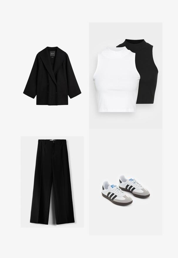 Zwarte oversized double-breasted jas met brede revers en lange mouwen, voorzien van zakken aan de zijkanten en een rechte zoom.; Twee mouwloze ribgebreide coltruien in zwart en wit, met een slim fit ontwerp en een gladde textuur, met een cropped lengte.; Zwarte wijde broek van lichtgewicht stof, met een knoopsluiting aan de voorkant en een vlakke achterkant, afgewerkt met keurig gestikte zoom.; Sportschoenen met een witte leren bovenkant, grijze suède neus en drie zwarte strepen. Bevat een blauw logo op de tong en een gestructureerde rubberen zool.