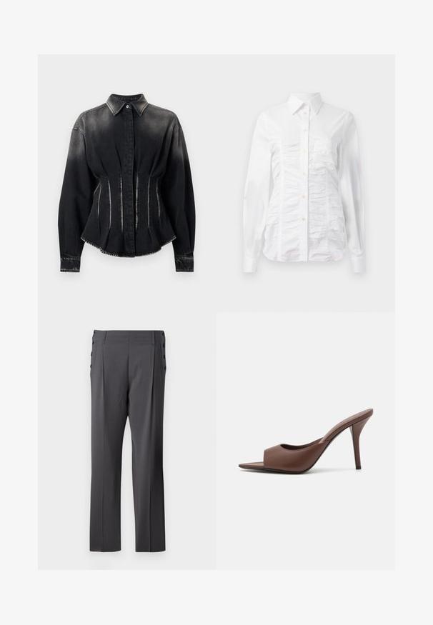 Fekete farmerdzseki fitted fazonnal, magas gallérral és két elülső varrással. Gombos záródása van, hosszú ujjaival, amelyek mandzsettával rendelkeznek.; Fehér, hosszú ujjú, gombos ing, amelynek az elején ráncos textúra található, kis arany gombokkal és hagyományos gallérral.; Szürke szabott nadrág, egyenes lábzattal, elülső redőkkel és díszes oldalsó gombokkal a részletesség fokozása érdekében. Sima szövettextúra.; Barna bőr nyitott orrú magassarkú papucs, letisztult dizájnnal, széles elülső pánttal és karcsú stiletto sarokkal.