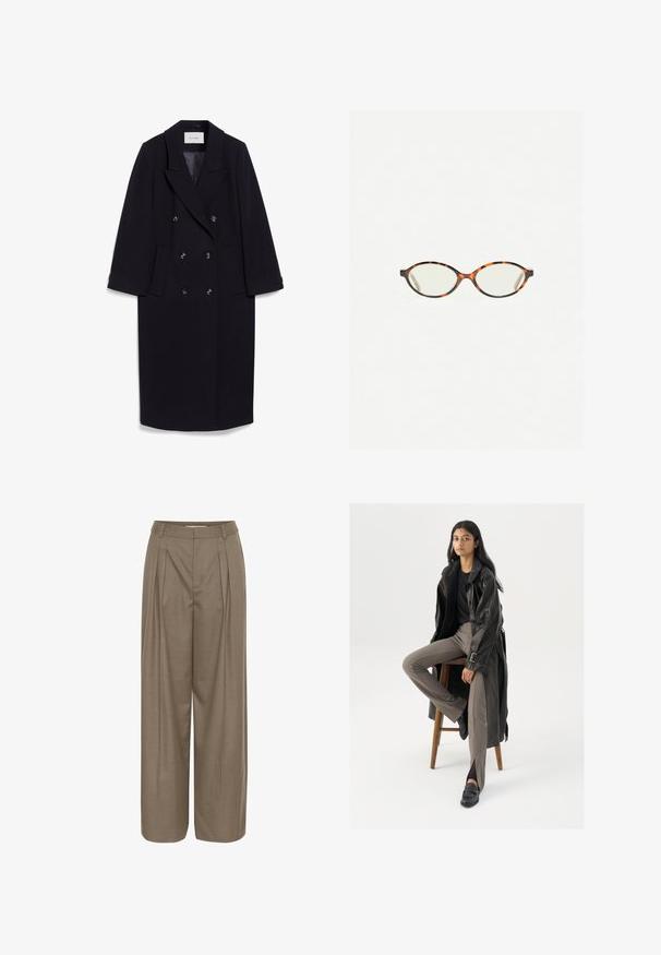 Námornícky dvojradový kabát vyrobený z vlnenej zmesi, s širokými klopami, štyrmi prednými vreckami a troma čiernymi gombíkmi na prednej strane.; Čierny, krátky kardigán vyrobený z česanej látky s okrúhlym výstrihom a dlhými rukávmi, s predným zapínaním na gombíky.; Biela krátkopsová tričko vyrobené z bavlny. Má okrúhly výstrih a voľný strih. Hladká textúra bez viditeľných vzorov alebo akcentov.; Plisované nohavice s širokými nohavicami vyrobené z svetlohnedej tkaniny, s vystuženým pásom a hladkou štruktúrou, navrhnuté pre pohodlie a variabilitu.; Čierny kožený trenčkot s gombíkmi a detailom pásu, v kombinácii so svetlohnedými priliehavými nohavicami a čiernymi mokasínami, posadený na drevenej stoličke.; Korytnačkové okuliare s oválnymi šošovkami a hladkým, lesklým povrchom. Majú tenké strany s jemným zakrivením na spánkoch. Priehľadné šošovky.; Čierne kožené rukavice s tromi samostatnými sekciami na prsty, zapínaním na gombík a textúrovanou vnútornou podšívkou pre väčšie teplo.