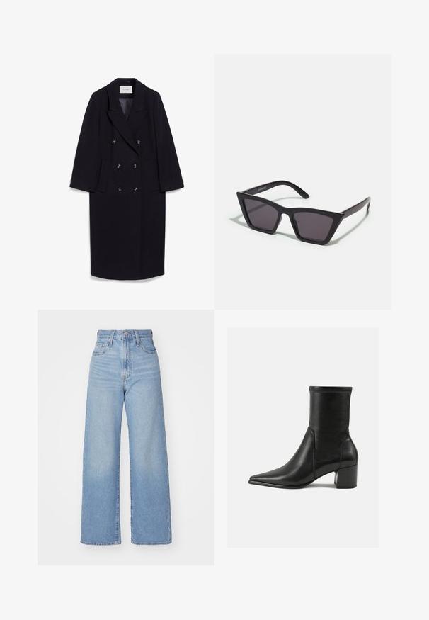 Navy double-breasted coat made of wool blend, featuring wide lapels, four front pockets, and three black buttons on the front.; Black ribbed turtleneck top, short sleeves, form-fitting design, soft texture, minimal seams, and a high collar.; Light blue high-waist wide-leg jeans with front button and zip closure, front and back pockets, on a white background.; Black ankle boot made of smooth leather, featuring a pointed toe, a block heel, and distinct raised stitching at the top edge.; Black, angular sunglasses with gray lenses; made of plastic, featuring thick arms with a smooth surface and no visible hardware.