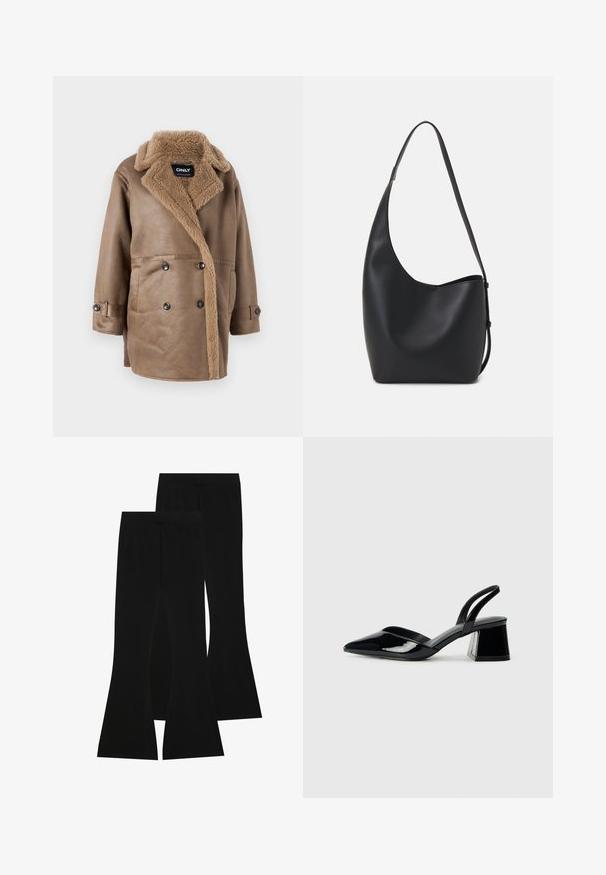 ONLY ONLYLVA BONDED COAT - Klasisks mētelis - otter/tannin; Divas garām piedurknēm krekli: viens melns un viens balts. Abiem ir apaļa izgriezne, raglanu piedurknes un mīksta kokvilnas maisījuma audums.; Melni platie bikses, izgatavotas no elastīgas auduma, ar augstu vidukli un gludu tekstūru, ar pieguļošu dizainu, kas paplašinās no ceļa.; Melna lakota āda ar atvērto papēdi, ar smailu purngalu un ģeometrisku blokpapēdi. Iezīmējas elegants, minimāls dizains un gluda tekstūra.; Melnas ādas hobo soma ar gludu tekstūru, izliekta forma un vienu regulējamu jostu; augšā ir plaša atvere.