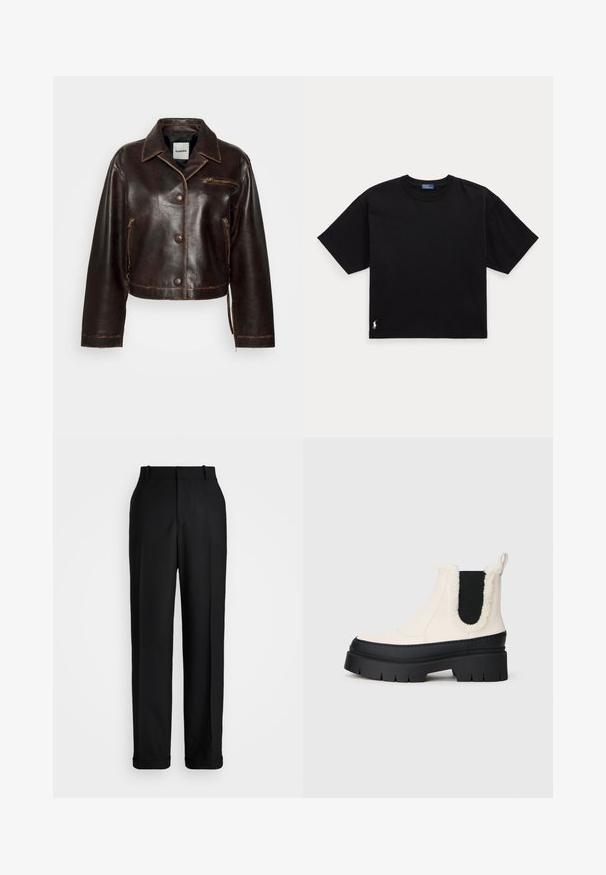 sandro Imiteret læderjakke - marron foncé; Sort bomulds T-shirt med korte ærmer, rund hals og et lille hvidt logo i nederste venstre hjørne. Klassisk, boxy pasform med minimal detaljering.; Polo Ralph Lauren HIGH RISE RELAXED STRAIGHT TROUSER - Bukser - black; Kraftige platform ankelstøvler med en hvid overdel, sort gummisål og kontrasterende sorte elastiske sidestykker. Faux fur kant øverst.