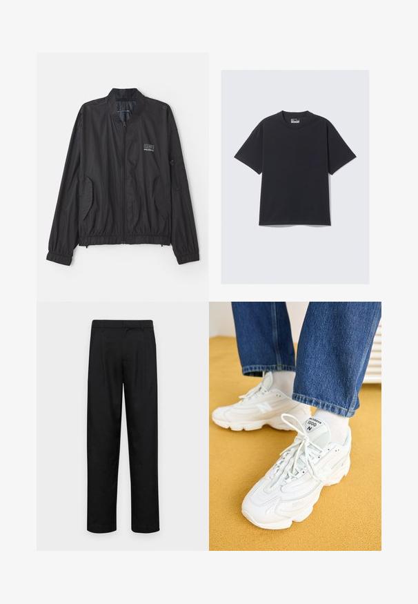 Casaco bomber leve preto com colarinho alto, punhos elásticos e dois bolsos frontais. Apresenta um fecho com zíper e um detalhe de logótipo discreto.; Camiseta preta de algodão com um corte clássico de gola redonda, mangas curtas e um ajuste descontraído. Textura suave com detalhes de costura mínimos.; Calças pretas feitas de tecido suave, com um design de perna reta, dois pregas frontais e uma cintura padrão com passantes para cinto.; Tênis New Balance 1000 brancos com materiais de malha e couro, bico redondo, design texturizado e cadarços. Combinados com jeans azuis.