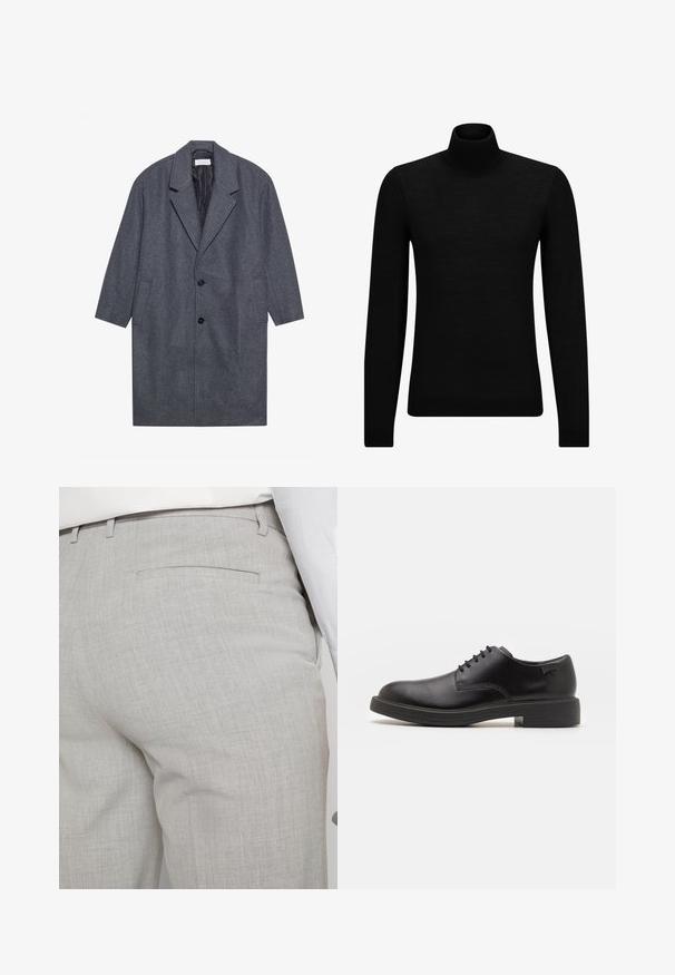 Sivý vlnený kabát s klopovým golierom, dlhými rukávmi, dvoma bočnými vreckami a tromi čiernymi gombíkmi, s hladkou vnútornou podšívkou.; Čierny rolák vyrobený z jemného materiálu, s dlhými rukávmi a tesným strihom. Hranatý lem a manžety s ribbed úpravou. Jednoduchý dizajn.; Svetlosivé nohavice na mieru vyrobené zo štruktúrovanej látky, s jedným zadným vreckom a čistým prešívaním.; Čierne kožené šnurovacie topánky s okrúhlou špičkou, hladkým povrchom, minimálnym prešívaním a nízkym gumovým podpätkom. Logo na podpätku.