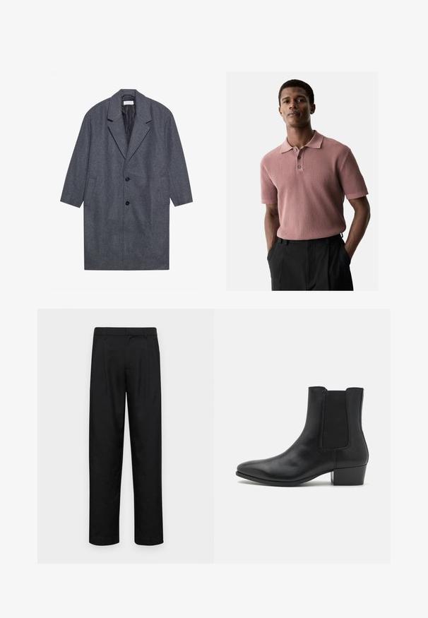 Harmaa villa päällystakki, jossa on taitettu kaulus, pitkät hihat, kaksi sivutaskua ja kolme mustaa nappia, sekä sileä sisävuori.; Ribbed, lyhythihainen polo paita pölypinkkinä, jossa on kauluspääntie ja kolmipainike-aukko. Yhdistetty tummiin housuihin, kädet taskuissa.; Mustat housut, jotka on valmistettu sileästä kankaasta, suoran lahkeen muotoilulla, kahdella etupleekillä ja tavanomaisella vyötäröllä, jossa on vyölenkit.; Zign LEATHER - Klassiset nilkkurit - black