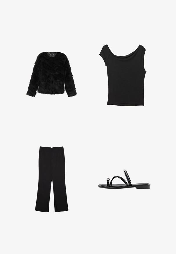 Čierna umelá kožušina s výstrihom do V, dlhými rukávmi a jemným textúrovaným povrchom. Bez podšívky a s mierne skráteným strihom.; Čierny krátky rukáv top vyrobený z hladkej tkaniny; má prehnutý výstrih a asymetrický lem, s priliehavým telom.; Čierne nohavice so strihom rovného strihu, s prednými vreckami a bočnými rozparkami na leme. Vyrobené z mäkkej, hladkej tkaniny. Vhodné na rôzne príležitosti.; Čierne ploché sandále s lesklým povrchom, tromi tenkými popruhmi a okrúhlou kovovou ozdobou na prste. Elegantný dizajn s minimálnym podpätkom.