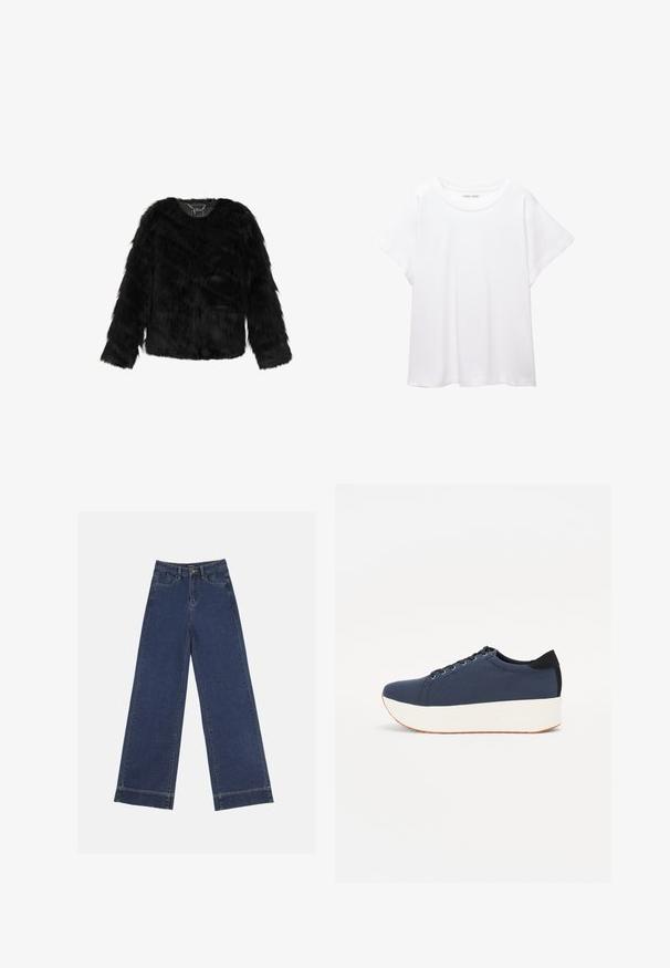 Fekete műszőrme dzseki, v-nyakkivágással, hosszú ujjal és puha, texturált felszínnel. Bélés nélküli, enyhén cropped fazonú.; Fehér póló, puha, könnyű anyagból készült. Kerek nyakú, rövid, széles ujjaival és laza szabásával rendelkezik. Nincsenek látható minták.; Sötétkék denim széles lábú farmernadrág. Öt zsebbel, övhurkokkal és nyers szegéllyel az alján, amelyen látható varrási részletek találhatók.; Sötétkék sportcipő, texturált szövet felsőrész, fehér platform talp, lekerekített orr és fekete sarok akcentussal. Hat fűzőlyuk található rajta.