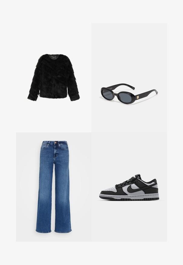 Sort falsk pelsjakke med V-hals, lange ærmer og en blød, tekstureret overflade. Uforet og med en let cropped pasform.; Sort langærmet crop top lavet af letvægts stof, med rund halsudskæring og tætsiddende silhuet, med rene sømme og ingen udsmykninger.; Mørkeblå højtaljede denim jeans med vide ben, knap- og lynlås-lukning samt foran- og baglommer, på en ensfarvet lys grå baggrund.; Sorte og grå Nike Dunk low-top sneakers med perforeret tå, glatte læderdetaljer og gummisål med struktureret mønster.; Sorte ovale solbriller med mørke linser, glansfuld plastikramme, brede arme og en lille gul accent på den ene side.