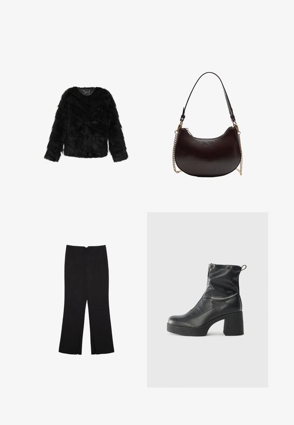 Schwarze Kunstpelzjacke mit V-Ausschnitt, langen Ärmeln und einer weichen, strukturierten Oberfläche. Ungefüttert mit einem leicht verkürzten Schnitt.; Schwarzes langärmliges Oberteil aus strukturiertem Stoff. Mit runder Halslinie und cropped Design mit schmalen Ärmeln. Keine sichtbaren Muster.; Schwarze Hose mit geradem Schnitt, ausgestattet mit Fronttaschen und Seitenschlitzen am Saum. Hergestellt aus weichem, glattem Stoff. Geeignet für verschiedene Anlässe.; Schwarze Stiefeletten aus glattem Leder mit seitlichem Reißverschluss, klobigem strukturiertem Absatz und runder Zehenform.; Schwarze Lederhandtasche mit geschwungener Form, Ketten- und Ledertrageriemen. Verfügt über einen Reißverschluss und eine glänzende Oberfläche. Kompaktes und strukturiertes Design.