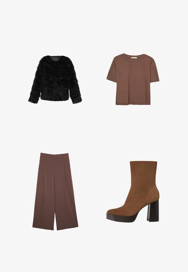 Črna jakna iz umetnega krzna, z V-izrezom, dolgimi rokavi in mehkimi, teksturiranimi površinami. Brez podloge in nekoliko skrajšane kroja.; Rjava kratka majica s kratkimi rokavi iz mehkega materiala, s krožnim izrezom in ohlapnim krojem. Brez vidnih vzorcev ali dodatkov.; Rjave široke hlače z gladko teksturo, ki imajo visok pas in sprednje naborke. Tkanina je lahka in prosto pada.; Rjavi semiš gležnjar z zaokroženim prstom, debelim črnima črtastim petam in gladko površino. Ima prilagojen dizajn brez vidne opreme.