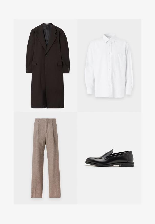 Dlhý hnedý kabát s klopovým golierom, zapínaním na jeden gombík a bočnými vreckami. Obsahuje hladkú podšívku a upravené rukávy s gombíkovými akcentmi.; Biela košeľa s gombíkmi a golierom, s jemnými vertikálnymi prúžkami, dlhými rukávmi, vreckom na hrudi a klasickým oblým spodkom.; Hnedé, vysoké nohavice vyrobené z texturovanej látky. Majú široké nohavice a dva predné záhyby pre štruktúru. Úhľadné spracovanie bez viditeľného kovania.; Čierne kožené mokasíny s hladkou textúrou, zaoblenou špičkou a dekoračným pásikom cez priehlavok. Nízky vrstvený opätok, minimalistický dizajn.