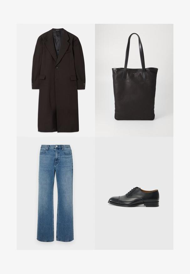 Dlhý hnedý kabát s klopovým golierom, zapínaním na jeden gombík a bočnými vreckami. Obsahuje hladkú podšívku a upravené rukávy s gombíkovými akcentmi.; Biela košeľa s gombíkmi a golierom, s jemnými vertikálnymi prúžkami, dlhými rukávmi, vreckom na hrudi a klasickým oblým spodkom.; Džínsy s širokými nohavicami vo farbe modrej, vyrobené z denimovej látky s vyblednutým vzhľadom. Obsahujú päť vreciek, predné zapínanie na gombík a rovný strih.; Čierne kožené šaty topánky s hladkým povrchom, okrúhlym špičkou, piatimi očkami na šnúrky a nízkym blokovým podpätkom. Minimalistický dizajn s jemným prešívaním.; Čierna plátená taška s čiernymi koženými ušami. Jednoduchý dizajn, priestranné telo a hladká textúra. Žiadne viditeľné logo ani vzory.