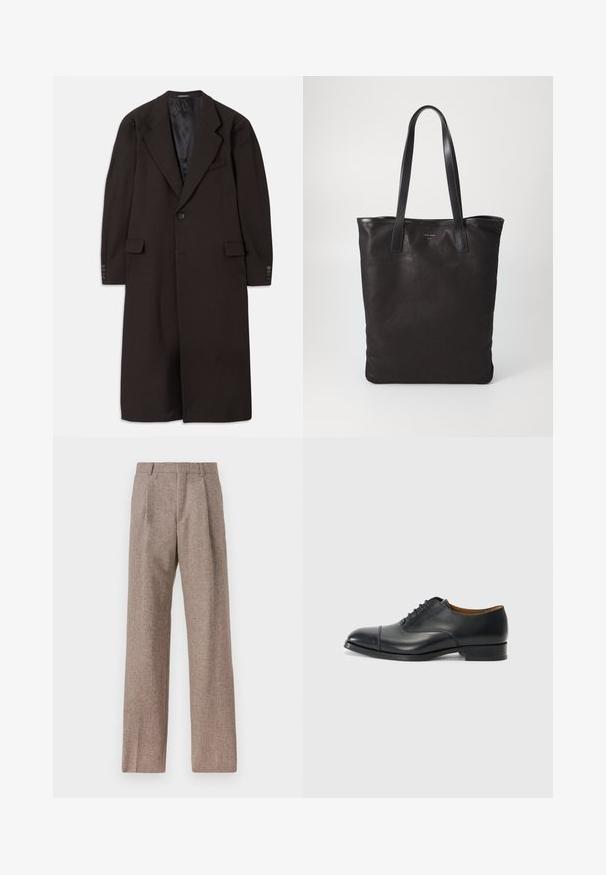 Lange bruine jas met een reverskraag, sluiting met één knoop en zijzakken. Heeft een gladde binnenvoering en nauwsluitende mouwen met knoopaccenten.; Witte lange mouwen overhemd van katoen, met een borstzak met tonale borduring, een kraag en knopenmanchetten.; Bruine, hooggewaisted broeken van een gestructureerde stof. Heeft wijde benen en twee voorplooien voor extra structuur. Net afgewerkt zonder zichtbare hardware.; Zwarte leren dress shoe met een gladde afwerking, ronde neus, vijf gaten voor veters, en een lage blokhak. Minimalistisch ontwerp met subtiele stiksels.; Zwarte canvas schoudertas met zwarte leren handvaten. Eenvoudig ontwerp, ruime body en een gladde textuur. Geen zichtbare logo's of patronen.