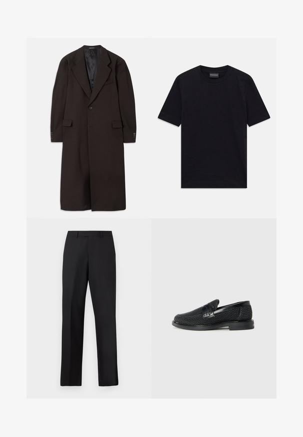 Pitkä ruskea takki, jossa on kauluskollaari, yksi napitus ja sivutaskut. Takissa on sileä vuori ja muotoillut hihat nappikoristeilla.; Musta lyhythihainen pyöreäkauluksinen T-paita, jossa on hienovarainen kohokuviointi ja brändilogo kauluksessa, aseteltuna tasaisesti valkoista taustaa vasten.; Mustat, suorat housut, jotka on valmistettu sileästä kankaasta. Niissä on tavallinen vyötärönauha, eikä niissä ole näkyviä kuvioita tai koristeita.; Musta kudottu liukupohjallinen kenka, jossa on sileä nahkakorostus päällisessä, pyöreä kärki ja matala kumipohja.