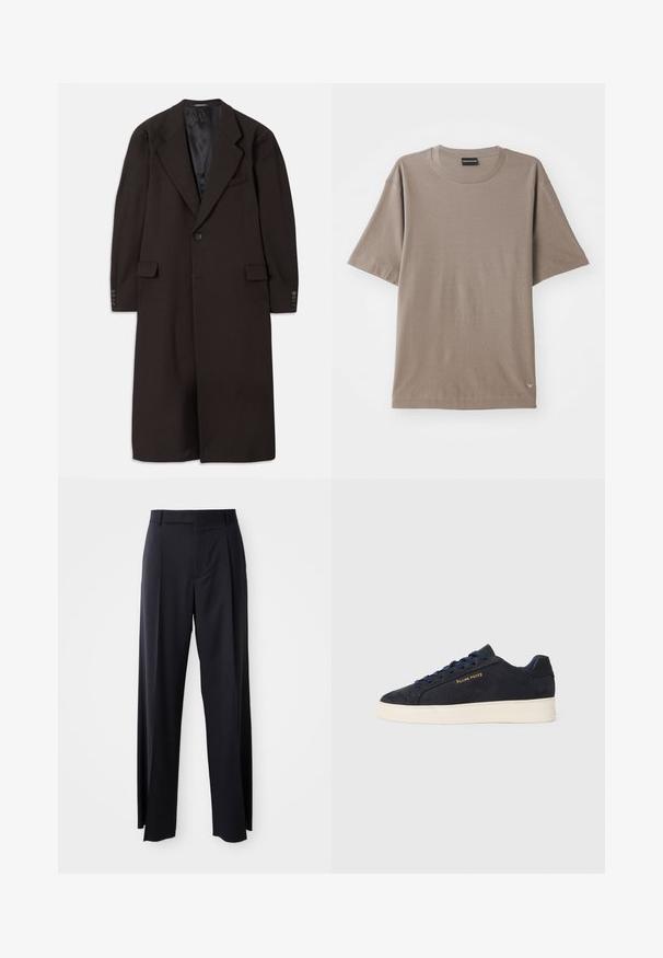 Manteau long marron avec un col à revers, fermeture par un seul bouton et poches latérales. Présente une doublure intérieure lisse et des manches ajustées avec des accents de boutons.; T-shirt marron à manches courtes avec un col rond, présentant un motif texturé subtil et une petite étiquette logo sur le bas à gauche.; Pantalon noir taille haute à pattes larges, en tissu lisse. Présente des plis sur le devant et des passants de ceinture. Design minimaliste, sans matériel visible.; Baskets basses en daim bleu marine avec semelle blanche, lacets bleu marine et logo "Filling Pieces" en or sur le côté.