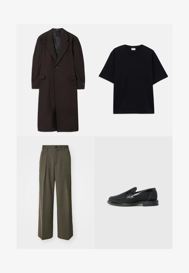 Cappotto lungo marrone con colletto a revers, chiusura con un bottone e tasche laterali. Presenta una fodera interna liscia e maniche su misura con dettagli di bottoni.; T-shirt oversize nera a maniche corte con scollatura rotonda e etichetta del marchio Filippa K visibile all'interno del colletto.; Filippa K WIDE TROUSERS - Pantaloni - driftwood; Scarpa nera a mocassino intrecciata con un accentuato in pelle liscia sulla parte superiore, design a punta rotonda e suola in gomma a profilo basso.