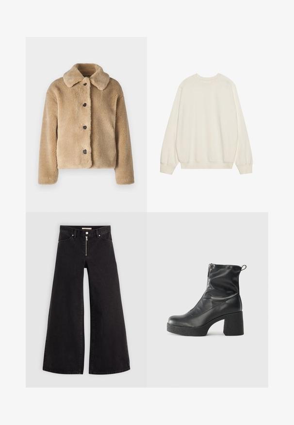 Faux pelsjakke i lys beige med krave, frontknaplukning med sorte knapper og lange ærmer. Blød tekstur med en luksuriøs finish.; Lys beige sweatshirt lavet af blødt bomuldsblanding. Har lange ærmer, rund halsudskæring og ribbede manchetter og kant med en afslappet pasform.; Vide ben jeans i sort denim med lynlås foran, fem lomme-design og subtile stikninger. Glat tekstur og afslappet stil.; Sorte ankelstøvler lavet af glat læder, med en sidelukning, kraftig struktureret hæl og rundt tådesign.