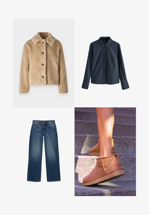 Faux pelsjakke i lys beige med krave, frontknaplukning med sorte knapper og lange ærmer. Blød tekstur med en luksuriøs finish.; Marineblå, langærmet skjorte med hvide vertikale striber, krave og knaplukning foran. Har en strømlinet pasform og manchetter på ærmerne.; Bredde ben blå denim jeans med en fadet vask, fem-lomme design og kontraststing. Lukket med en knap og lynlås.; Tan ruskind ankelstøvler med en blød tekstur, stikninger og en gummisål, der har en løkkehælkappe for nem på- og aftagning.