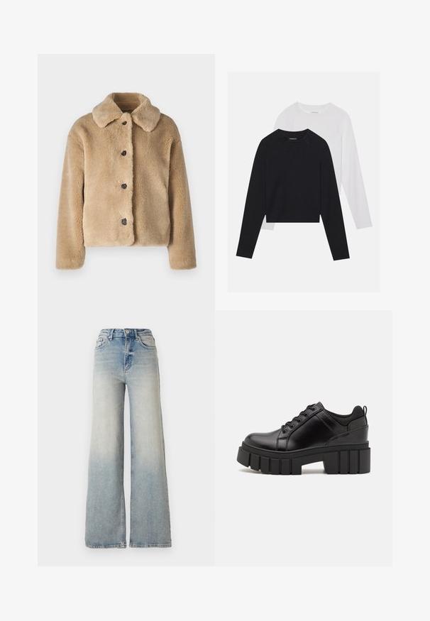 Lahek bež plašč iz umetnega krzna, ki ima ovratnik, sprednje zapiranje na gumbe z črnimi gumbki in dolge rokave. Mehka tekstura s plišastim zaključkom.; Dve dolge majice z dolgimi rokavi: ena črna in ena bela. Obe imata okroglo ovratnico, raglan rokave in mehko mešanico bombaža.; Svijetloplave široke traperice s visokim strukom, koje imaju pet džepova i vidljivo šivanje uz šavove.; Črne usnjene platforme z debelim blokastim petam, okroglo konico in klasičnim vezanjem. Imajo gladko teksturo in minimalne podrobnosti.