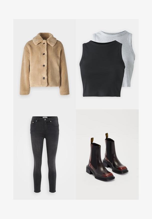 Faux fur jacket in light beige, featuring a collar, front button closure with black buttons, and long sleeves. Soft texture with a plush finish.; Even&Odd Petite 2 PACK - Top - light grey/black; Black skinny jeans made of denim. Features a front button closure and zipped pocket at the waist. Smooth texture with minimal fading.; Dr. Martens MAYBOLE CHELSEA - Platform ankle boots - black/cherry red