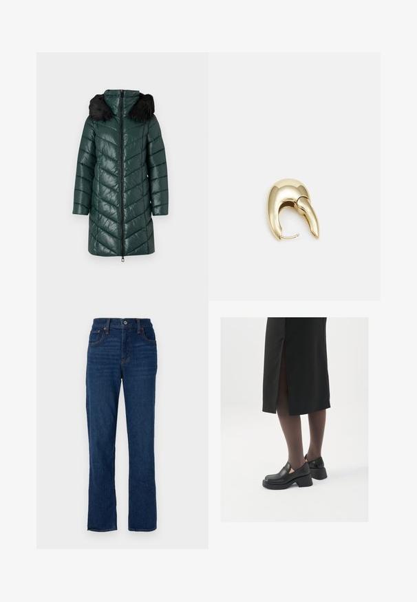 Padded green parka with a zip front, chevron stitching, and a black faux fur hood. Features long sleeves and a knee-length cut.; Gina Tricot SOFT TOUCH CROPPED TOP - Long sleeved top - pristine; Dark blue denim straight-leg jeans with a five-pocket design, orange stitching, and a button closure at the waistband.; Black leather shoes with a rounded toe, thick block heel, and elastic side accents, paired with dark tights and a black skirt with a slit.; Gold-tone metal earring with a sleek, curved design. Features a distinctive pointed shape, polished surface, and hinge closure.
