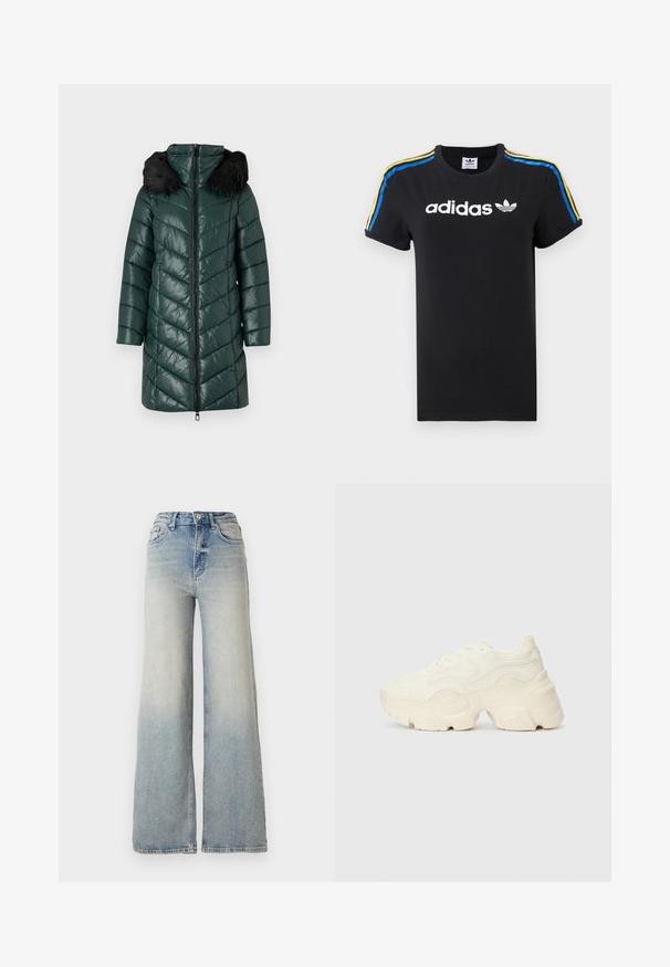 Polstret grønn parka med glidelås foran, chevron-søm og hette i svart kunstpels. Har lange ermer og knelang lengde.; Svart bomull T-skjorte med rullede ermer; har hvitt Adidas-logo og flerfargede striper (blå, gul og rød) langs skuldrene.; Lyseblå vide jeans laget av denim, med høy midje, fem lommer og synlige sømmer langs sømmene.; Chunky hvite sneakers laget av teksturert mesh og syntetiske materialer, med en tykk såle og intrikate mønsterdetaljer langs sidene.