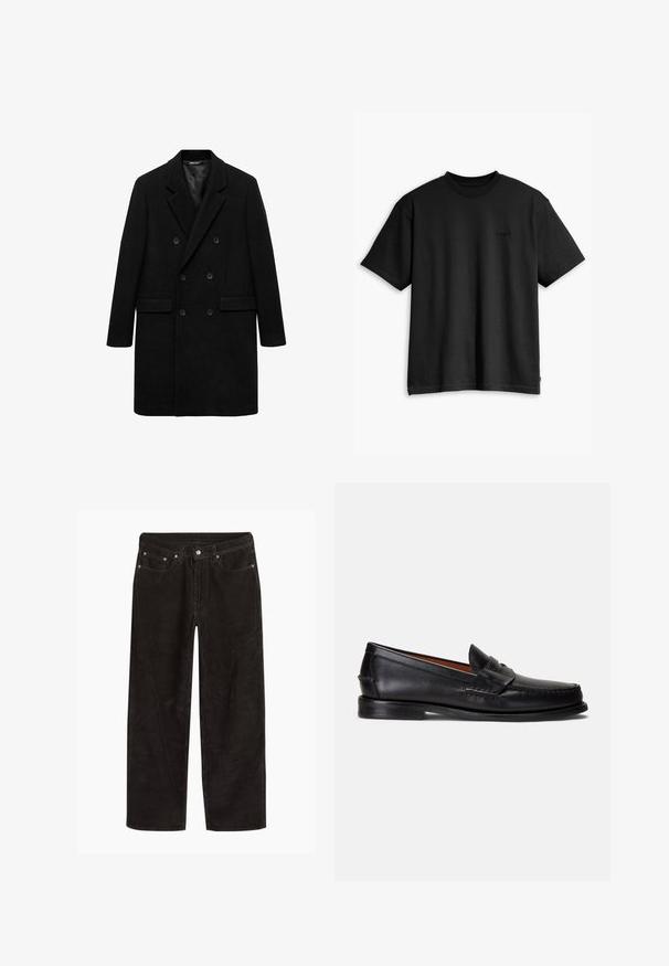 Mango Classic coat - black; Black cotton t-shirt with a crew neck and short sleeves. Features a subtle front logo and a straight hemline. Simple and minimalistic design.; Black corduroy pants with straight legs, button and zip closure, and five-pocket design.; Black leather loafers with a smooth finish, rounded toe, and a decorative band across the upper. Features a low black sole.