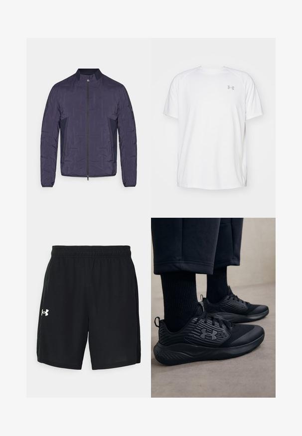 Tumesinine kerge tikandiga jakk, millel on ees lukuga sulgumine, soonikkoes krae, külgedel võrkpaneelid ja pikad varrukad.; Valge lühikeste varrukate ja sportliku lõikega särk, millel on sile kangas. Omab ümarat kaelust ja halli logo vasakul rinnal, ning külgsuured lõhik kui lõhateel.; Mustad musta värvi sportlikud lühikesed püksid, mis on valmistatud kerge kangaga, elastse vöökoha ja valge logoga vasakul küljel.; Isik, kes kannab musti spordijalatsid, millel on tekstuurilised küljed ja logo, koos mustade sokkide ja lühikeste pükstega heledal põrandal.