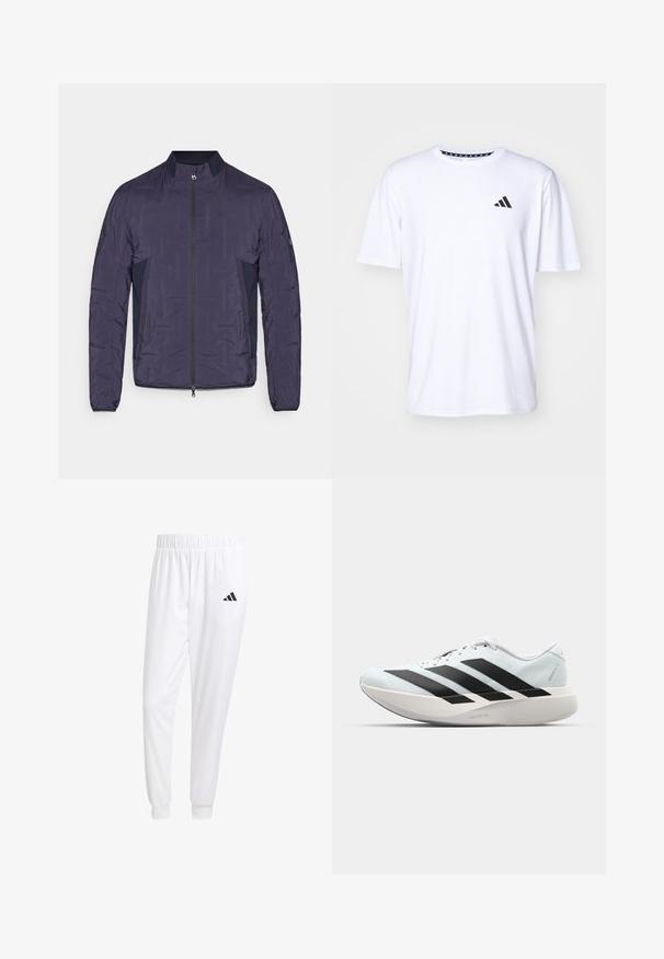 Veste matelassée légère bleu marine avec fermeture éclair à l'avant, col côtelé, panneaux en mesh sur les côtés et manches longues.; T-shirt blanc à manches courtes en tissu à texture lisse. Présente un logo adidas noir sur le côté gauche de la poitrine et un col à motifs.; Pantalons de sport blancs en tissu lisse, dotés d'une taille élastique et de poignets ajustés, avec un logo noir sur la poche arrière.; Baskets de course légères en bleu pâle avec des rayures noires. Elles présentent un dessus lisse, un embout rond et une semelle intermédiaire blanche épaisse étiquetée "LIGHTSTRIKE PRO".