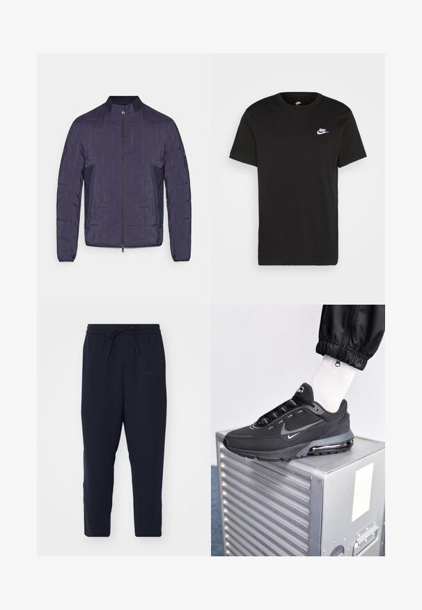 Dunkelblaue, leichte Steppjacke mit Frontreißverschluss, geribbeltem Kragen, seitlichen Netzpaneelen und langen Ärmeln.; Schwarzes Baumwoll-T-Shirt mit kurzen Ärmeln, Rundhals und kleinem weißem Nike-Logo auf der oberen linken Brust. Glatte Textur. Klassische Passform.; Navy Jogginghose aus weichem Stoff, mit elastischem Bund und Kordelzug, schmal zulaufenden Beinen und Seitentaschen.; Nike Sportswear PULSE - Sneaker low - black/anthracite