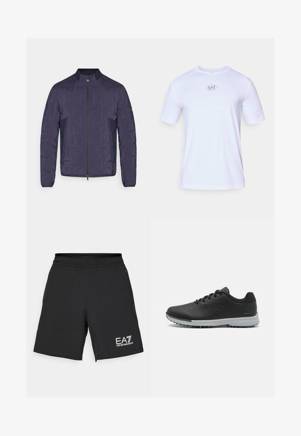 nachtblauwe lichte gewatteerde jas met voorkant rits, ribgebreide kraag, zijpanelen van gaas en lange mouwen.; Witte sportieve T-shirt met korte mouwen, gemaakt van lichtgewicht, ademende mesh-stof. Gekenmerkt door een ronde halslijn en een cirkelvormig EA7-logo op de borst.; Zwarte sportshorts van lichtgewicht stof met een elastische tailleband. Kenmerkt zich door het witte EA7-logo aan de onderkant van de rechterzijde.; Zwarte synthetische golfschoenen met een getextureerde bovenkant, vetersluiting en een grijze loopzool met spikes voor extra grip.