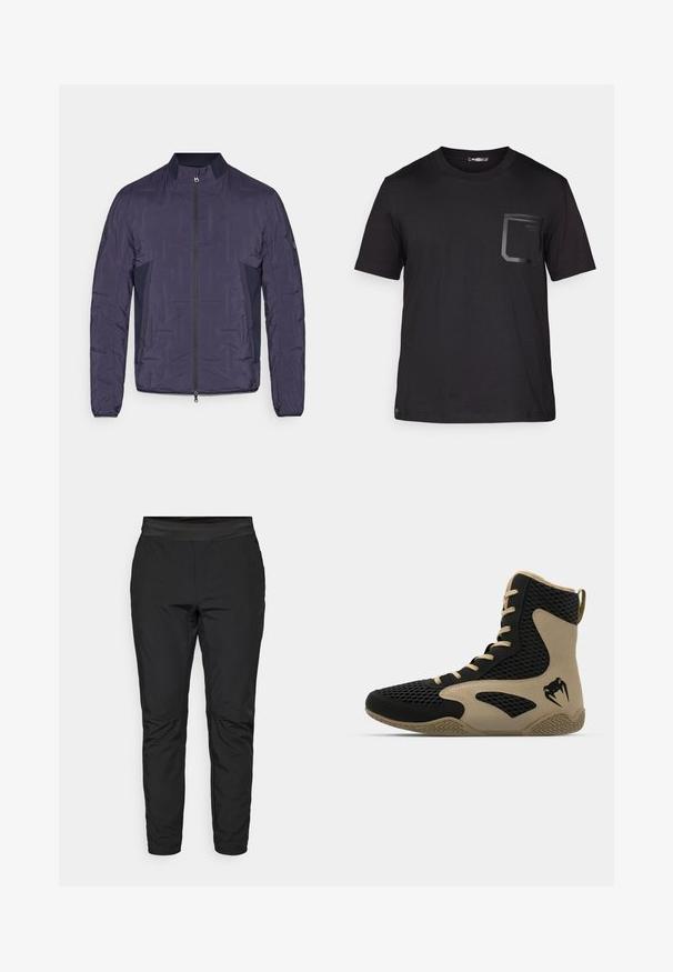 Dunkelblaue, leichte Steppjacke mit Frontreißverschluss, geribbeltem Kragen, seitlichen Netzpaneelen und langen Ärmeln.; Schwarzes T-Shirt mit kurzen Ärmeln aus Baumwolle und einer subtilen Textur. Verfügt über eine vordere Tasche mit rechteckigem Design und Logodetail.; Schwarze Leggings mit taillierter Passform, elastischem Bund und Reißverschlusstaschen. Glatte Textur mit einem leicht glänzenden Finish.; Hochschuh mit schwarzem Mesh-Obermaterial und beigen Akzenten. Strukturiertem Gummisohle und Logodetail an der Seite.