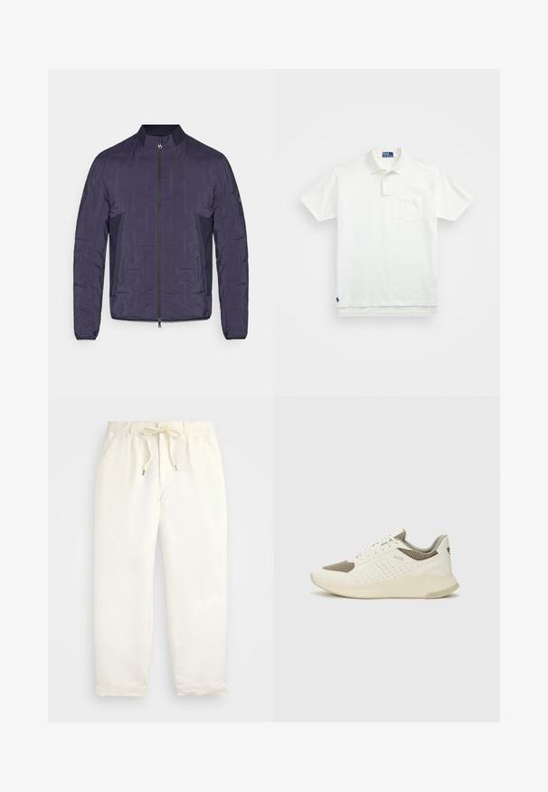 Navy blue lightweight quilted jacket with front zipper, ribbed collar, side mesh panels, and long sleeves.; White polo shirt made of cotton, featuring a classic collar, three-button placket, and a left chest pocket; small logo at the hem.; Light cream, casual pants made of soft fabric. Features an elastic waistband with a drawstring, and tapered leg design.; White and light beige athletic sneaker, featuring a mesh upper, perforated detailing, and a textured midsole with branding on the heel.