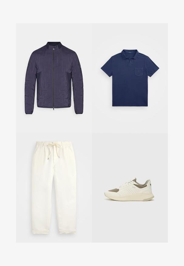 Navy blue lightweight quilted jacket with front zipper, ribbed collar, side mesh panels, and long sleeves.; Navy blue polo shirt featuring a short collar, a chest pocket, and an embroidered logo. Made from a soft, textured fabric.; Light cream, casual pants made of soft fabric. Features an elastic waistband with a drawstring, and tapered leg design.; White and light beige athletic sneaker, featuring a mesh upper, perforated detailing, and a textured midsole with branding on the heel.