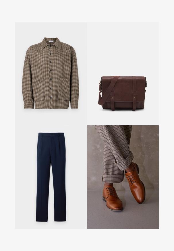 Brūnas šaha raksta krekla jaka ar atlocītu apkakli, priekšpuses pogu aizdari un divām kabatām apakšā. Tekstūru audums.; Trīs garas piedurknes krekli: gaiši zils, balts un tumši zils. Visām ir klasiskā apkakle un pogu aizdare, izgatavoti no gludas auduma.; Jūras zila bikses, kas izgatavotas no gludas auduma, ar vienu pogu aizdari, bārkstīm un taisnajām kājām. Minimalistisks dizains bez izteiktām rakstu. ; Brūni ādas apavi ar noapaļu purngali, piecu acs aizdare ar šņorēm un kontrastējošām tumšām šņorēm. Bikses ir ruļļotas un ar rūtainu rakstu.; Brūns ādas sūtījumu soma ar plakanu priekšējo atloku, divām siksnām, zelta metāla detaļām un regulējamu plecu siksnu.