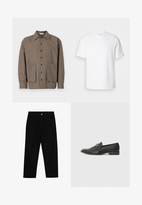Brązowa kurtka w kratę z wykładanym kołnierzem, zapinana na guziki z przodu i dwoma naszytymi kieszeniami na dole. Teksturowany materiał.; Biała koszulka z krótkim rękawem, okrągłym dekoltem, wykonana z bawełny, z gładkim wzorem, przedstawiona na jasnoszarym tle.; Czarne spodnie dżinsowe w klasycznym kroju prostym, z pięcioma kieszeniami i zapięciem na guzik z przodu. Gładka tekstura z minimalnymi detalami szwy.; Czarne skórzane mokasyny o gładkim wykończeniu, z haftowanym wzorem i dekoracyjnym akcentem z metalowego łańcucha na wierzchu. Płaska pięta.