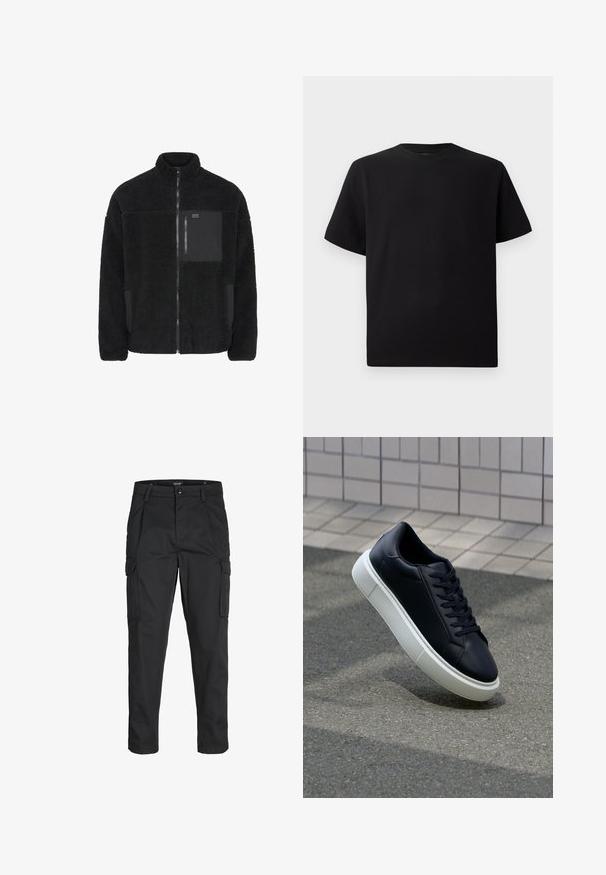 Schwarze Fleecejacke mit hohem Kragen, Reißverschluss vorne und kontrastierender schwarzer Tasche. Verfügt über eine weiche Textur und ein lässiges Fit-Design.; Schwarzes Kurzarm-T-Shirt aus strukturiertem Stoff, mit einem Rundhalsausschnitt und einer lockeren Passform. Einfach, ohne Muster oder Akzente.; Schwarze Cargo-Hose aus robustem Material, mit mehreren Taschen, einem Knopfverschluss und einem Slim-Fit-Design mit schmal zulaufenden Beinen.; Schwarze Leder-Sneaker mit runder Zehenpartie und weißer Gummisohle. Verfügt über flache Schnürsenkel und minimale Nähte im Obermaterial. Strukturiertes Sohlenprofil für besseren Halt.