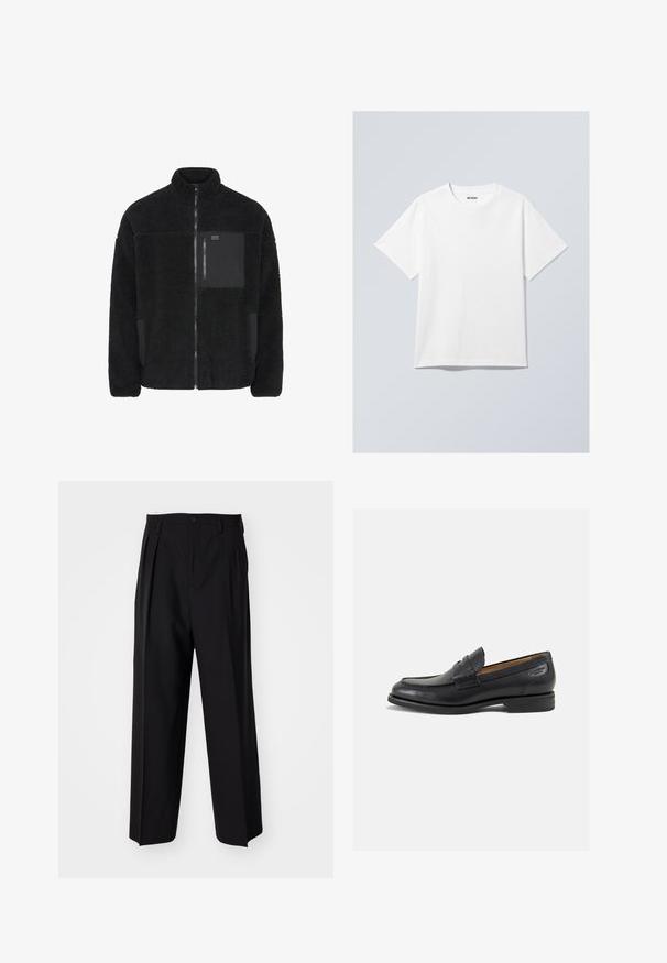 Zwarte fleece jack met hoge kraag, ritssluiting aan de voorkant en contrasterende zwarte zak. Beschikt over een zachte textuur en een ontspannen pasvorm.; Witte katoenen t-shirt met een ronde hals, korte mouwen en een losse pasvorm. Heeft een merklabel met de tekst "WEEKDAY" op de hals.; Zwarte geplooide broeken met een rechte, brede pijpontwerp. Gemaakt van soepele stof, met een knoopsluiting en riemlussen.; Zwarte leren loafers met een gladde afwerking, ronde neus en decoratieve stiksels op de wreef. Lage gestapelde hak en een lichte glans.