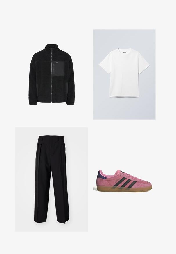 Black fleece jacket with high collar, zip front, and contrasting black pocket. Features soft texture and relaxed fit design.; White cotton t-shirt with a crew neck, short sleeves, and a relaxed fit. Features a brand label reading "WEEKDAY" on the neckline.; Black pleated trousers with a straight, wide-leg design. Made from smooth fabric, featuring a button closure and belt loops.; Pink suede sneaker with black stripes, gum sole, and textured purple heel. Features a lace-up design and embossed branding on the side.