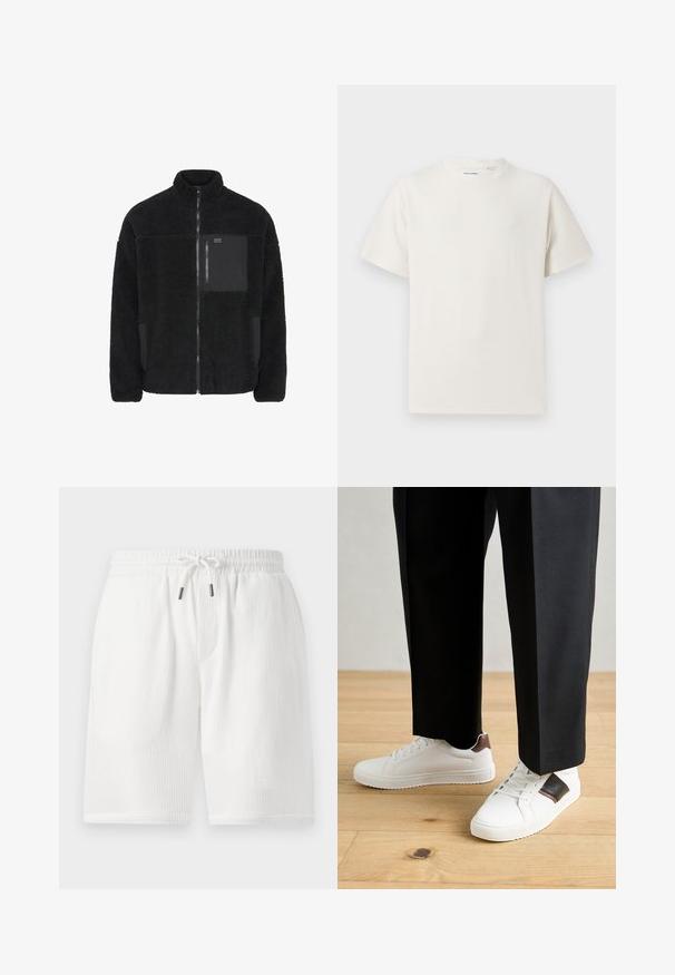 Schwarze Fleecejacke mit hohem Kragen, Reißverschluss vorne und kontrastierender schwarzer Tasche. Verfügt über eine weiche Textur und ein lässiges Fit-Design.; Weißes T-Shirt mit kurzen Ärmeln in gerippter Textur. Runder Ausschnitt, lockere Passform, keine sichtbaren Muster oder Akzente. Einfaches und vielseitiges Design.; Weiße, strukturierte Shorts mit elastischem Bund, Kordelzugverschluss, Seitentaschen und einer lockeren Passform. Eignet sich für die Freizeit.; Weiße Sneakers mit glatter Textur, versehen mit braunen Lederakzenten und schwarzen Details, kombiniert mit schwarzen maßgeschneiderten Hosen. Hintergrund aus Holzboden.