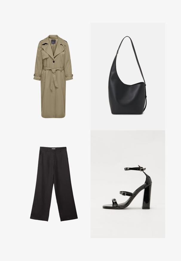 Béžový trenčkot s opaskom v páse, gombíkovým zapínaním a širokými klopami. Má dlhé rukávy s nastaviteľnými popruhmi. Vyrobený z hladkej tkaniny.; Jednoduché čierne bavlnené tričko s krátkym rukávom a okrúhlym výstrihom, umiestnené na bielom pozadí.; Čierne široké nohavice vyrobené z hladkej tkaniny, so zipsom vpredu a dvoma bočnými vreckami, s prispôsobeným strihom a minimalistickým dizajnom.; Čierne lakované sandále na podpätku so štvorcovou špičkou, navlečenými remienkami okolo členku a striebornými prackami. Disponujú masívnym blokovým podpätkom pre stabilitu.; Čierna kožená hobo taška so hladkou textúrou, zakriveným tvarom a jedným nastaviteľným popruhom; má široké otvorenie na vrchu.