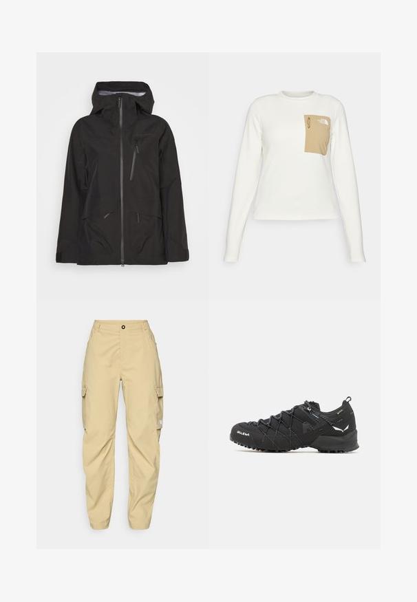 Schwarze wasserdichte Jacke mit durchgehendem Reißverschluss, verstellbarem Kapuzenbund, mehreren mit Reißverschluss versehenen Taschen und einer glatten Textur mit modernem Schnitt.; Weißes Langarmhemd aus strukturiertem Stoff mit einer beigen aufgesetzten Tasche, die einen Kordelzug und ein Logo trägt.; The North Face EXPLORATION CARGO PANTS - Outdoor-Hose - khaki stone; Schwarze Wanderschuhe mit einem strukturierten Obermaterial aus Stoff, Schnürsystem und robuster Gummisohle. Akzentuiert mit reflektierenden Details und Logos.