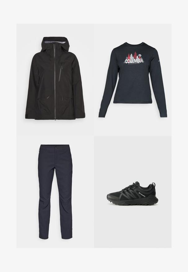 Melnā ūdensizturīgā jaka ar rāvējslēdzēja priekšpusi, regulējamu kapuci, vairākiem rāvējslēdzēju kabatām un gludu faktūru ar modernu griezumu.; Tumšs pelēks krekls ar garām piedurknēm, ar grafiku, kurā attēloti sarkani koki un kalni; "COLUMBIA" logo treknā baltā tekstā. Mīksta auduma, standarta apaļa kakla izgriezums.; Navy zila bikses, kas izgatavotas no gludas auduma, ar priekšējo pogu aizdari, pieguļošu siluetu un krokām pie ceļgaliem.; Columbia PEAKFREAK - Pārgājienu apavi - black