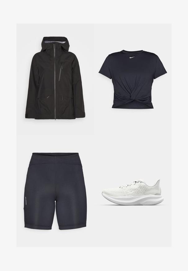 Musta vedenpitävä takki, jossa on vetoketjukiinnitys edessä, säädettävä huppu, useita vetoketjullisia taskuja ja sileä pinta modernilla leikkuulla.; Musta urheilu T-paita, joka on valmistettu sileästä kankaasta, jossa on solmittu etuosa ja pieni valkoinen Nike-logo rinnassa.; Mustat urheilushortsit, joissa on sileä ja joustava kangas. Varustettu korkealla vyötäröllä ja logo-yksityiskohdilla sivuilla. Yksinkertainen, tyylikäs muotoilu.; Valkoiset urheilukengät, joissa on tekstuuripinta, nauhakiristys ja pehmustettu pohja, jonka muotoilu on aaltoileva. Huomaamaton brändäys sivulla.