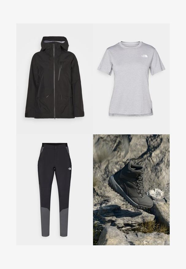 Sort vandafvisende jakke med lynlås foran, justerbar hætte, flere lynlåslommer og en glat overflade med et moderne snit.; Grå kortærmet T-shirt lavet af blødt, fugttransporterende materiale. Har en rund hals og et lille hvidt logo øverst til venstre.; Sorte udendørsbukser med grå detaljer, der har et tætsiddende design, elastisk talje, lynlåslommer og holdbart, letvægtsmateriale.; Mørkegrå vandrestøvle lavet af syntetisk materiale, med en polstret krave, metaløjer og en struktureret gummisål for greb.