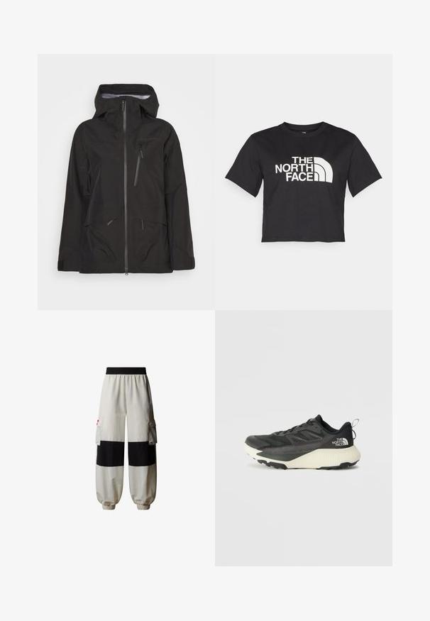 Chaqueta negra impermeable con cierre frontal, capucha ajustable, múltiples bolsillos con cremallera y una textura suave con un corte moderno.; Camiseta negra corta hecha de algodón, con un logo blanco con acentos curvados y el texto "THE NORTH FACE" en el frente. Mangas cortas, cuello redondo.; The North Face HIMALAYAN - Pantalones cargo - white dune tnf black; Zapatilla deportiva negra con parte superior texturizada, que presenta acentos grises y una entresuela blanca. Incluye una lengüeta y un logotipo de la marca destacado en el talón.